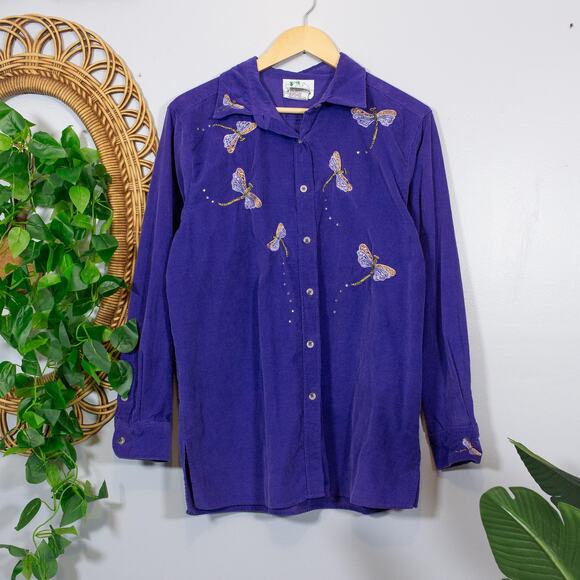 Whimsical Dragonfly Embroidered Button Down Purple Cotton Shirt | Bright Winter - Picture 1 of 9